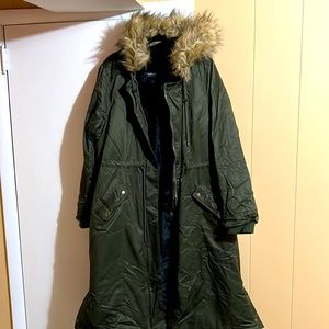 Heavy duty knee length winter jacket. Sherpa lined with removable fur trim hood.